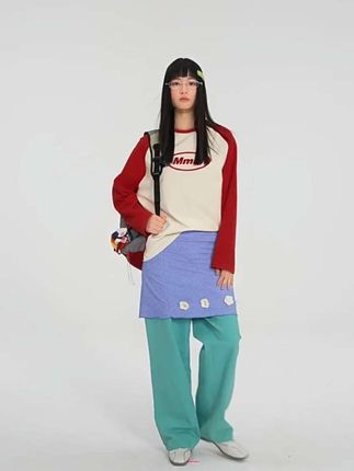 Mmlg2025年秋撞色拼接插肩袖t恤牙刷绣经典logo男女
