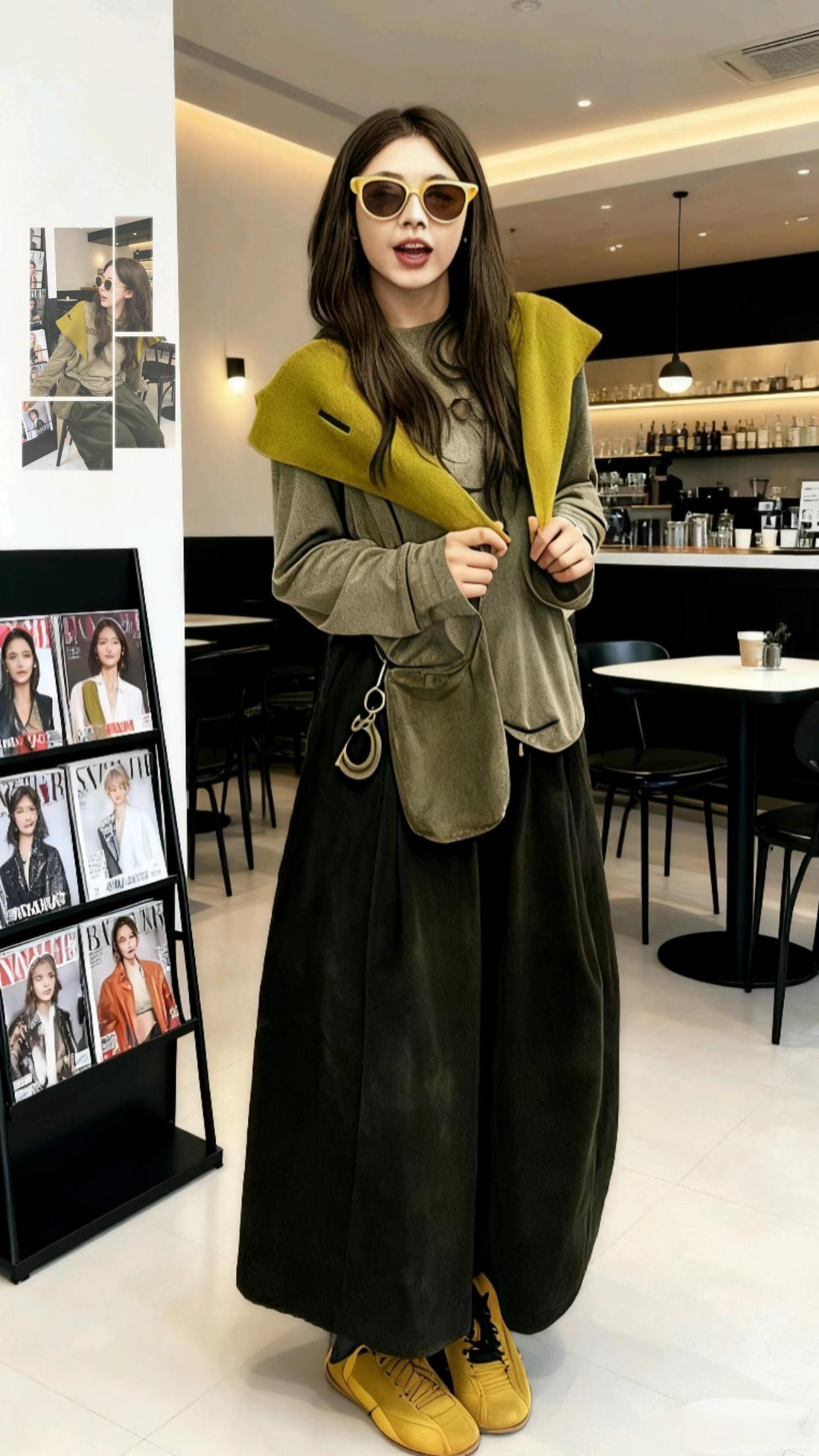 咖啡馆里的“穿搭灵感时刻” 林夏站在咖啡馆中央,指尖轻轻捏着肩头那片明黄色的披肩,目光在对面杂志架上的时尚封面扫过。她身上橄榄绿的上衣与深棕阔腿裤搭得随性又别致,脚下明黄色的鞋子像一抹跳跃的阳光。 旁边的小桌上,咖啡杯还冒着热气。墙上的照片里,另一个“自己”穿着类似风格的衣服,她看着看着,忽然弯了弯眼——早上还在纠结今天的搭配,没想到随便披了块亮色披肩,竟和杂志里的潮流感意外契合。或许,灵感真的会在某个喝咖啡的瞬间,悄悄冒出来。 #穿搭 #减龄穿搭 #焕新穿搭秀 #浅交个秋季穿搭作业吧 #韩系穿搭 @抖加🔥上热门🔥dou+🔥热点宝 @DOU+上热门 @DOU+小助手