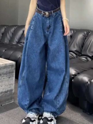 早秋宽松款大码高街女孩遮肉显瘦阔腿裤弯刀裤梨形身材复古牛仔裤#女装 #女裤 #牛仔裤 #阔腿裤