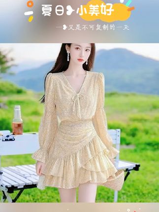 v领荷叶边碎花长袖雪纺连衣裙收腰短裙2025女春夏新款海边度假风#大码女装 #新款上新 #连衣裙 #雪纺