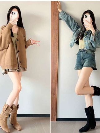 内增高绒面西部堆堆靴女拜年穿搭秋冬复古风小个子粗跟中筒马丁靴#堆堆靴#秋冬穿搭#复古粗跟马丁靴#时尚百搭款 #好穿不累脚