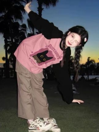 拼色插肩大码长袖T恤女卡通复古可爱粉色胖MM纯棉早秋2024年薄款#上身显瘦 #新款休闲裤 #今日穿搭 #宽松t恤 #女生穿搭