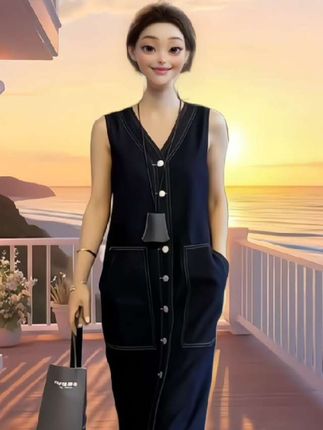 2025深蓝色气质排扣V领牛仔背心连衣裙女初秋宽松显瘦直筒长裙#v领牛仔裙 #背心连衣裙 #直筒长裙 #牛仔连衣裙 #休闲连衣裙