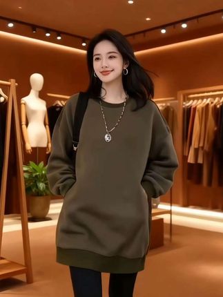 女秋冬季欧货韩版加厚中长款卫衣  新款内搭宽松显瘦洋气质拼接上衣#中长款卫衣