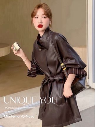 2025秋季🍂爆款美拉德咖色条纹拼接收腰PU皮衣中长款外套2025秋款高级显瘦潮上衣#爆款热卖中