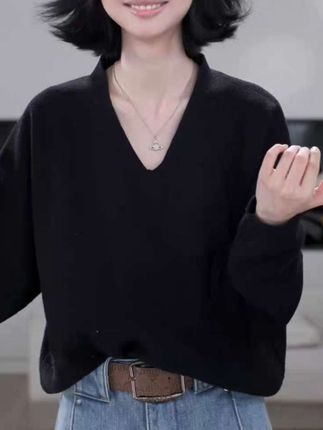 # 套头款V领长袖黑色毛针织衫休闲长袖