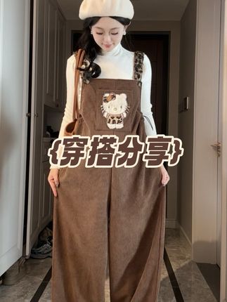 时尚孕妇秋冬新款孕妇背带裤豹纹小猫背带裤+针织打底上衣两件套#孕妇 #孕期 #孕期穿搭 #孕妈 #孕妇装