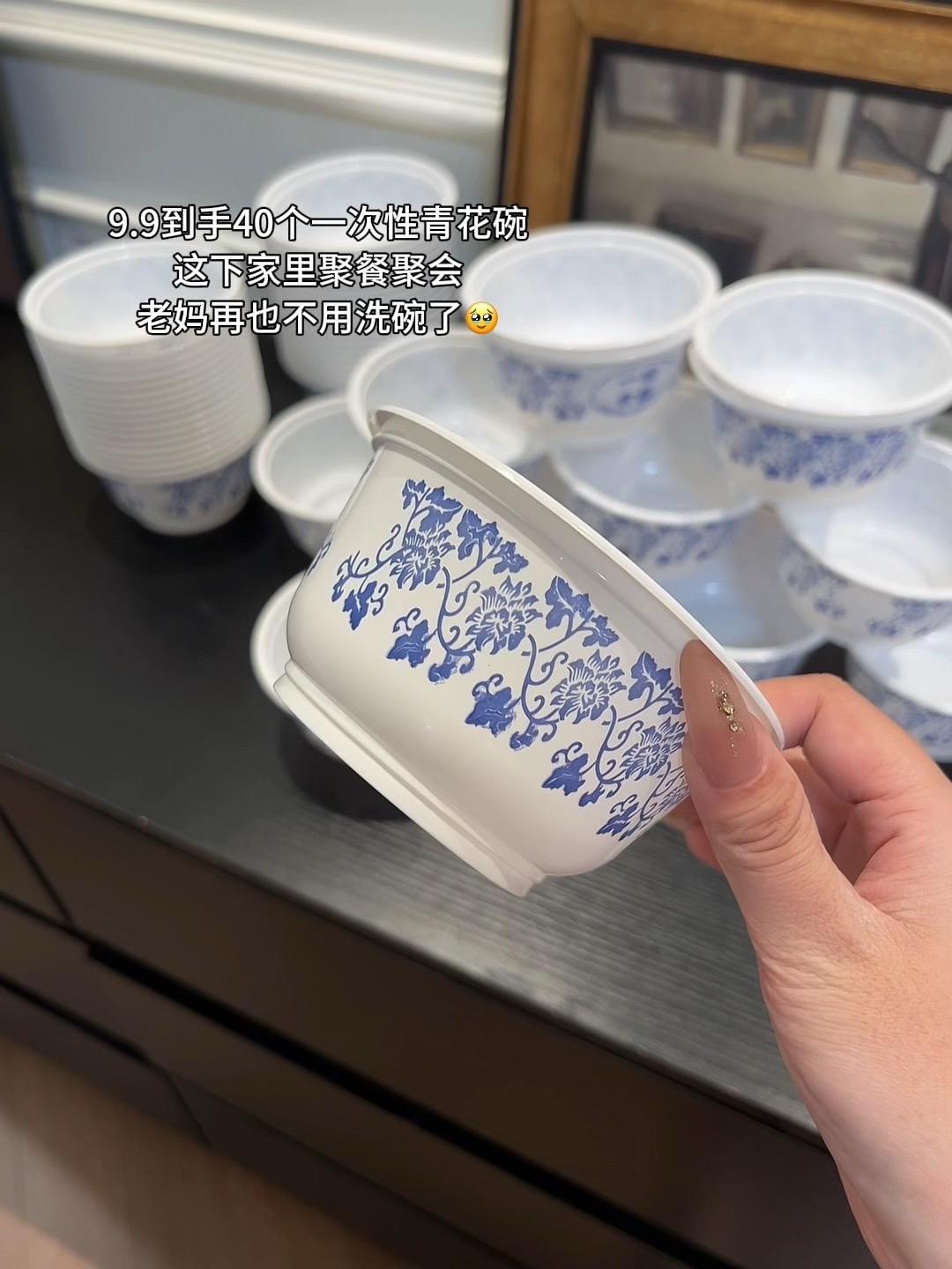 家里来客人用这个一次性青花碗,方便卫生#超便宜超划算#一次性碗 #一次性餐具 #厨房好物
