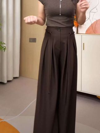 早秋系绳捏褶阔腿西装裤女休闲宽松设计感垂感长裤#裤子 #时尚穿搭