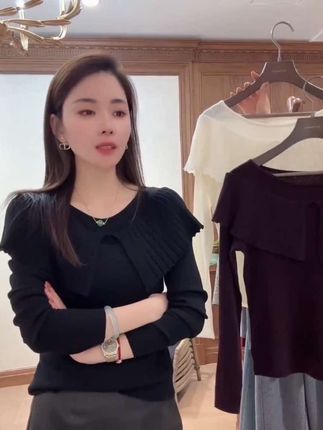 【秋冬简约百搭针织衫荷叶边坑条针织衫时尚百搭长袖上衣H9-12】