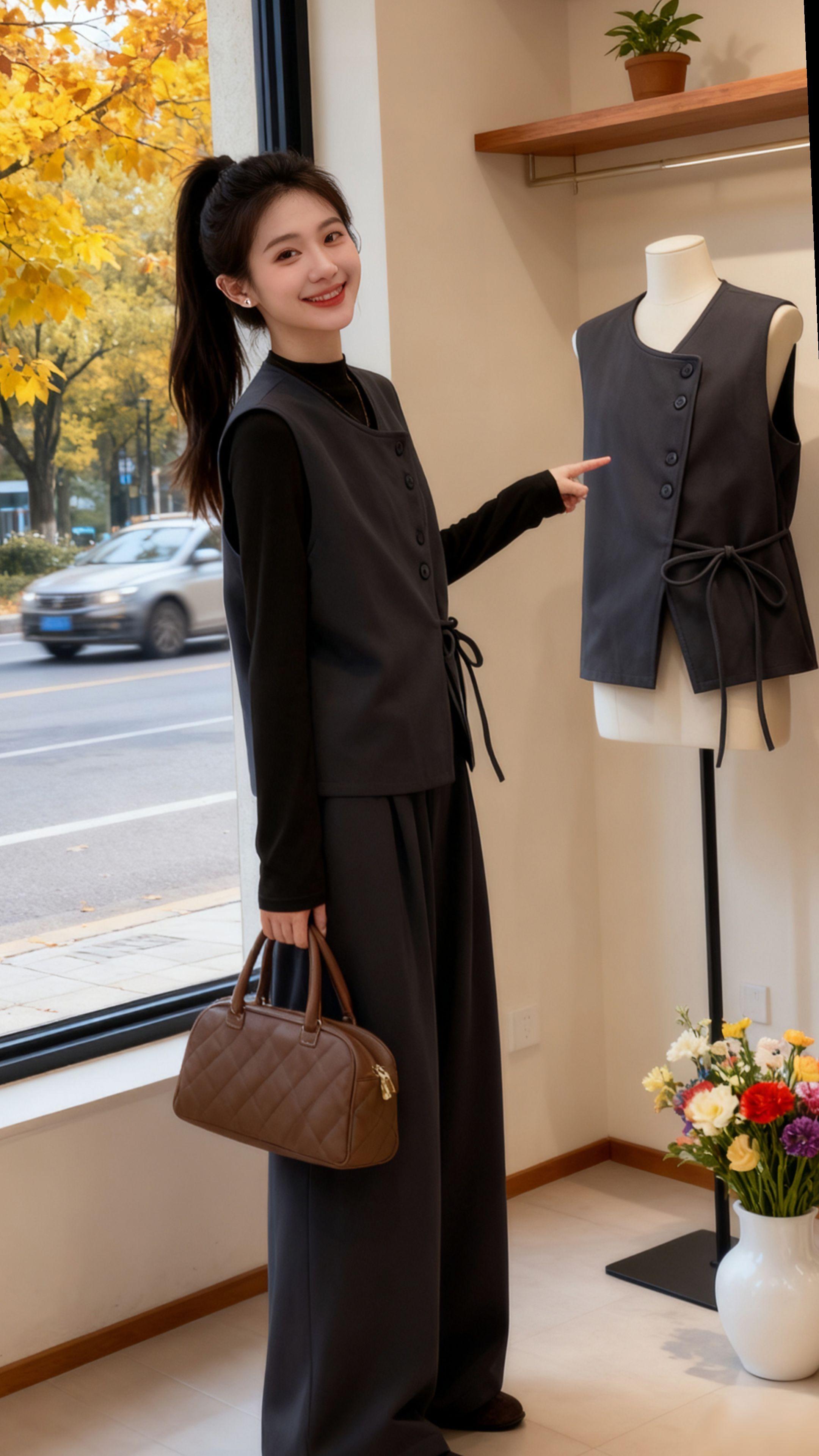 【韩系风灰色系带马甲打底衫阔腿裤2025秋冬新款简约通勤ins三件套】