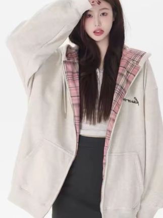 CKKOR秋冬美式格子慵懒风拉链外套女遮屁股卫衣加厚连帽衫上衣女#气质感穿搭 #精致女生必备 #美女必备 #女装穿搭分享 #高级感针织衫