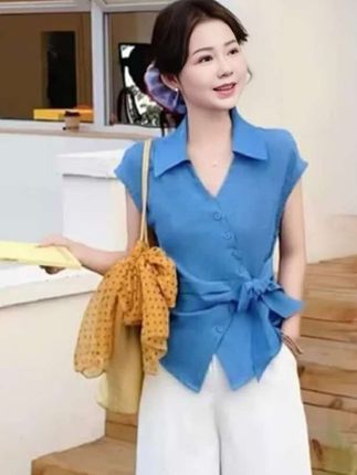 洋气夏季时尚套装女2025新款小个子不规则绑带衬衫阔腿裤两件套潮#两件套 #套装