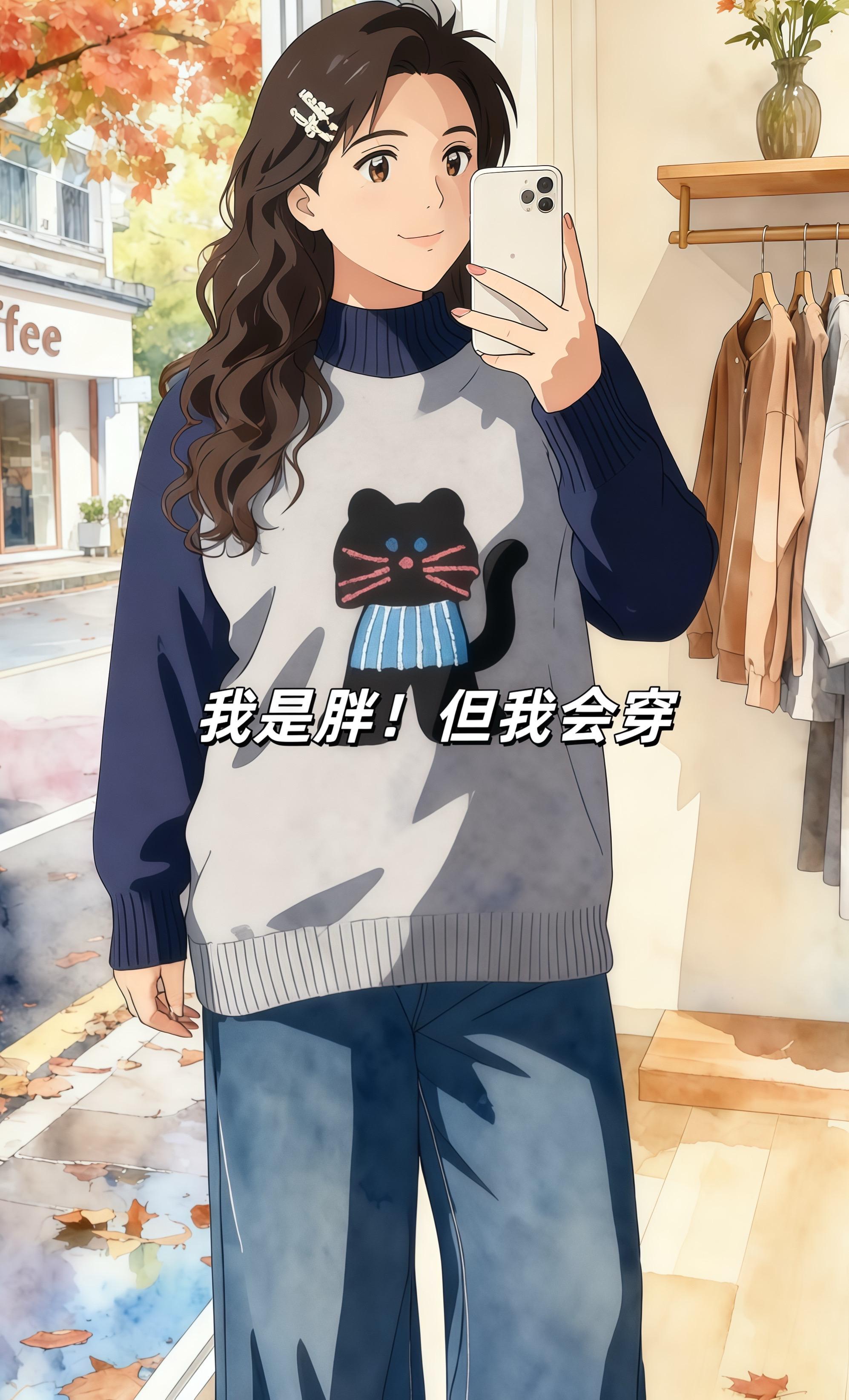 秋日的雨意还没散,在这家满是温柔质感的服饰店里,一件带猫咪图案的毛衣,配着阔腿牛仔裤,把松弛感穿在身上。窗外咖啡店的暖光,落叶的橙红,都成了这份穿搭的氛围感底色,微胖女孩的舒适与时髦,就该这样随性又精致~#时尚休闲穿搭 #穿搭分享 #日常搭配 #减龄气质 #每日搭配分享