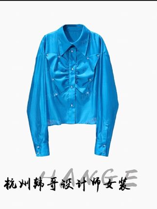 【韩哥女装】夏季冰丝凉感邦迪蓝蝴蝶贴布绣时尚休闲衬衫8118