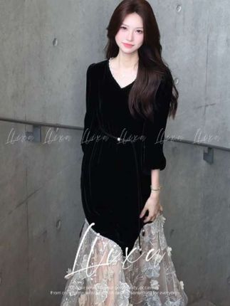 Liixu法式长袖连衣裙女高级感气质拼接网纱长裙子#黑色高级感穿搭 #气质穿搭 #轻奢女装 #连衣裙 #显瘦穿搭