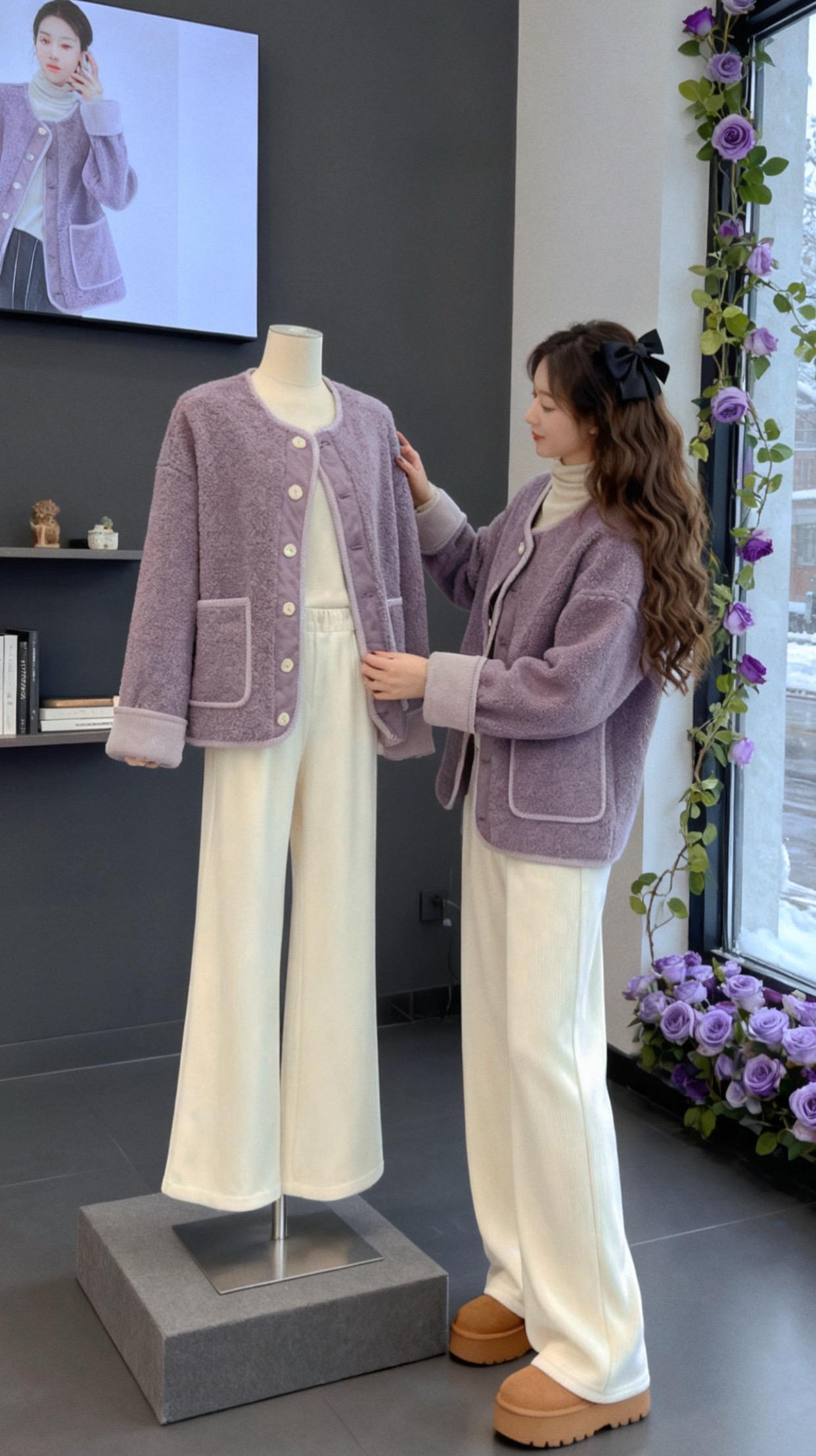 《紫绒外套裹住冬的软》  淡紫绒面外套像揉碎的雾,裹着她发梢的温软——大波浪垂落时,连指尖碰小狗的弧度都浸着柔。  白裤衬得棕鞋暖,窗内蛋糕香缠上雪意,她这一身是把冬日的冷,都酿成了松弛的甜。不是刻意的精致,是裹在软绒里的、刚好的温柔。#韩系穿搭 #慵懒风穿搭 #解锁微胖梨形的本命穿搭#秋冬ins风穿搭技巧#创作灵感