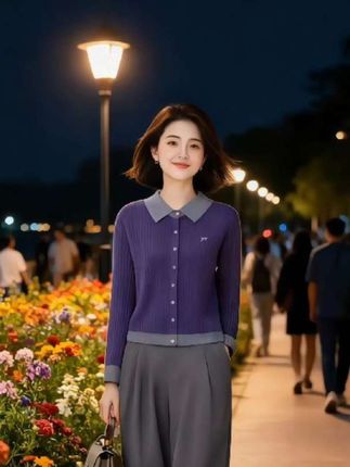 轻奢高端小个子套装#女撞色翻领针织#开衫+休闲#九分裤两件套秋季#洋气时尚穿搭#