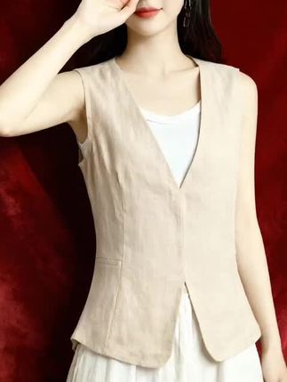 夏季修身马甲女薄款文艺休闲外搭V领短款马夹纯色无袖百搭女马夹#穿搭分享#谁穿谁好看#OOTD