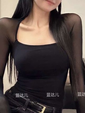 蓝达儿【可拆胸垫橡皮筋款】纯欲辣妹性感网纱上衣设计感方领T恤潮#辣妹穿搭 #纯欲穿搭 #性感 #方领上衣 #网纱上衣