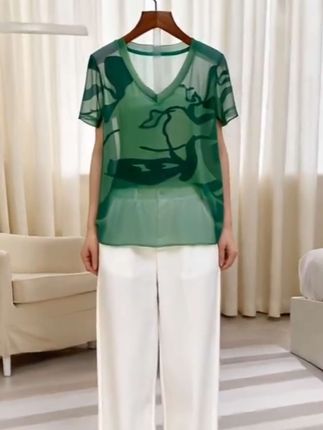 双层网纱夏装短袖2025新款女上衣时尚T恤印花V领A2123