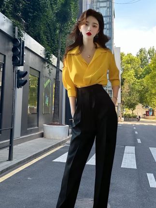 #法式轻奢黄色长袖衬衫裤子套装#减龄穿搭#早秋新款#谁穿谁好看