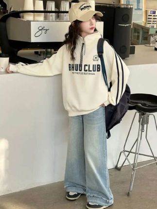 #酷女孩穿搭 #青春活力 #春秋穿搭 #潮童穿搭 #大女童穿搭  休闲卫衣阔腿裤穿搭,大女童春秋潮裤休闲两件套,女童炸街穿搭