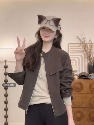 #高级感穿搭 #小个子穿搭 #韩系穿搭 立领水洗短款外套女2025秋季新款韩系小个子工装夹克百搭上衣#显瘦穿搭 #女装
