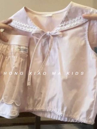 女童套装夏季新款女孩洋气甜美蝴蝶结海军翻领上衣儿童花边裙裤#夏季穿搭 #高品质童装 #韩系童装 #森系童装女宝 #韩系女童穿搭