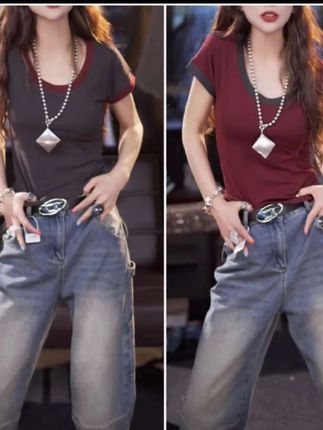 欧货撞色圆领简约休闲短袖t恤2024夏季新款修身显瘦弹力百搭上衣#女士短袖t恤 #女士短袖t恤 #女士短袖t恤 #女士短袖t恤 #女士短袖t恤