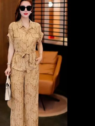 时尚洋气印花衬衣套装女,夏季新款高腰垂感直筒裤洋气衣服女