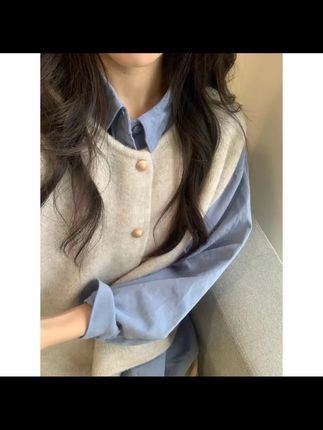 韩版气质翻领长袖衬衫叠穿针织马甲坎肩两件套女ins春季新款穿搭#每日分享 #秋季两件套