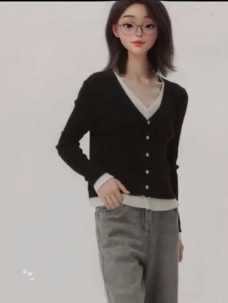 新款纽扣假两件针织开衫女拼接显瘦大码长袖针织衫#减龄显瘦穿搭 #好身材好气质 #内搭外穿都好看 #视频来源于网络