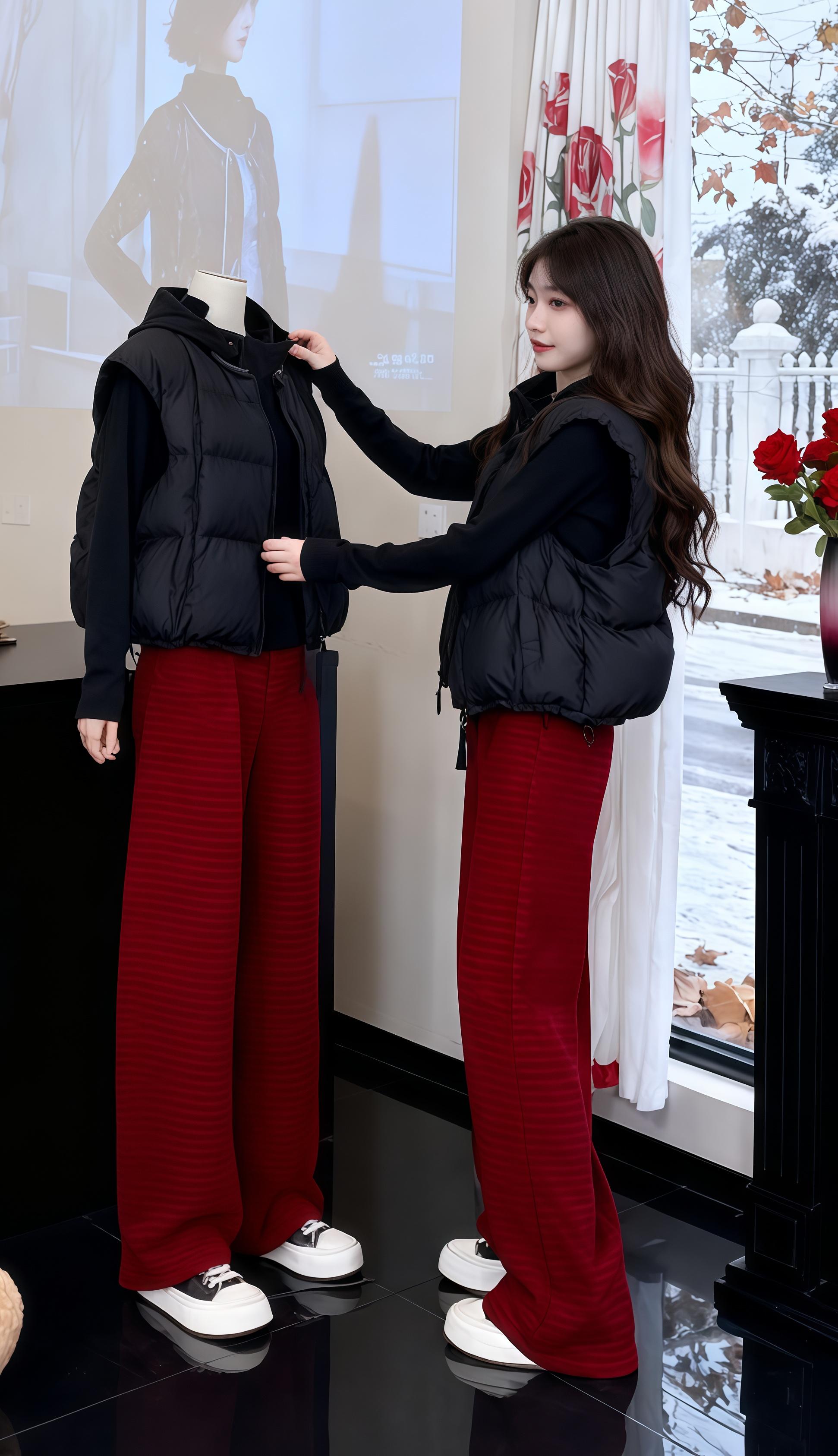 秋冬羽绒马甲|冬雪窗边的飒甜松弛穿搭 壁炉暖光裹着雪色的午后,绯冬指尖碰了碰热咖杯壁,酒红裤的绒纹裹得脚踝发暖。她对店员笑:“这红黑配像把‘冬日焰光’穿在了身上。” 店员顺了顺她的黑马甲:“配板鞋刚好,飒气里还藏着点甜。”绯冬刚抬眼瞥向窗外落雪,闺蜜发来消息:“这是‘雪天红玫瑰’本玫吧?” 她踩了踩裤脚的褶皱:“早上还怕酒红太跳脱,结果这宽松度衬得舒展,连雪风都暖了半分。”窗边的红玫瑰浸着暖光,这一身像给日子调了杯热辣甜饮,松弛里藏着鲜活,让寻常午后都浸着不费力的惬意。#马甲 #秋冬穿搭 #冬日暖系流光要温度有风度 #暖fufu的冬日ootd #秋冬穿搭实用主义
