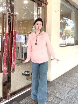 连帽毛衣+薄绒喇叭裤#孕妇装