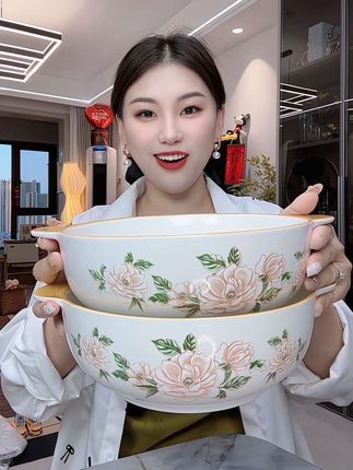 山茶花双耳大汤盆、复古漂亮的山茶花图案、双耳的设计端拿稳当不烫手、做个大菜大汤太合适了 #山茶花双耳汤盆 #山茶花大汤盆 #山茶花大汤盆买一送一