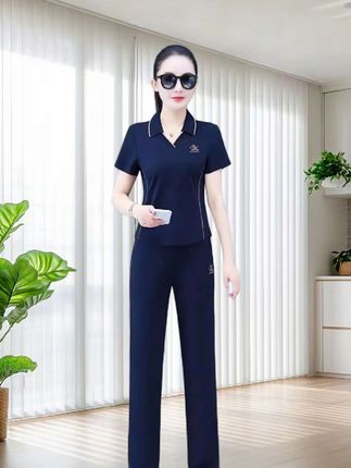 夏季翻领女士运动套装新款时尚显瘦短袖长裤休闲两件套#夏季穿搭 #谁穿谁好看 #面料柔软舒适 #气质穿搭 #显瘦穿搭