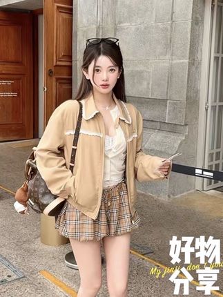卡其色蕾丝拼接翻领夹克外套女2025秋季新款设计感百搭长袖短上衣#高级感穿搭#时尚穿搭#秋季穿搭#显瘦穿搭#外套