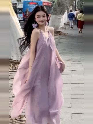 2025新款法式度假风紫色挂脖吊带连衣裙夏季气质v领仙女长裙4092#夏季穿搭 #高级感穿搭 #女装 #高级穿搭 #夏日穿搭