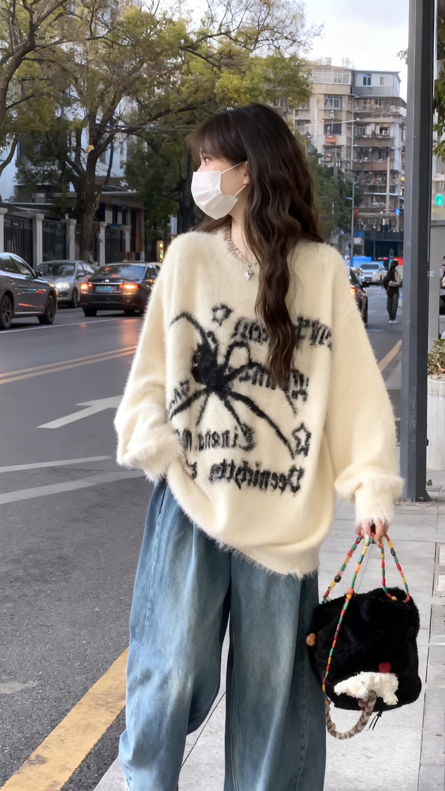 毛衣针织慵懒风宽松外套奶杏色蜘蛛提花破洞设计感毛衣女秋冬ins#穿搭