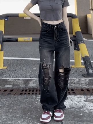 2024夏季新款美式高街黑色破洞牛仔裤女高腰宽松显瘦阔腿拖地裤子#休闲穿搭 #牛仔裤穿搭 #百搭神裤 #藏肉显瘦穿搭 #辣妹穿搭