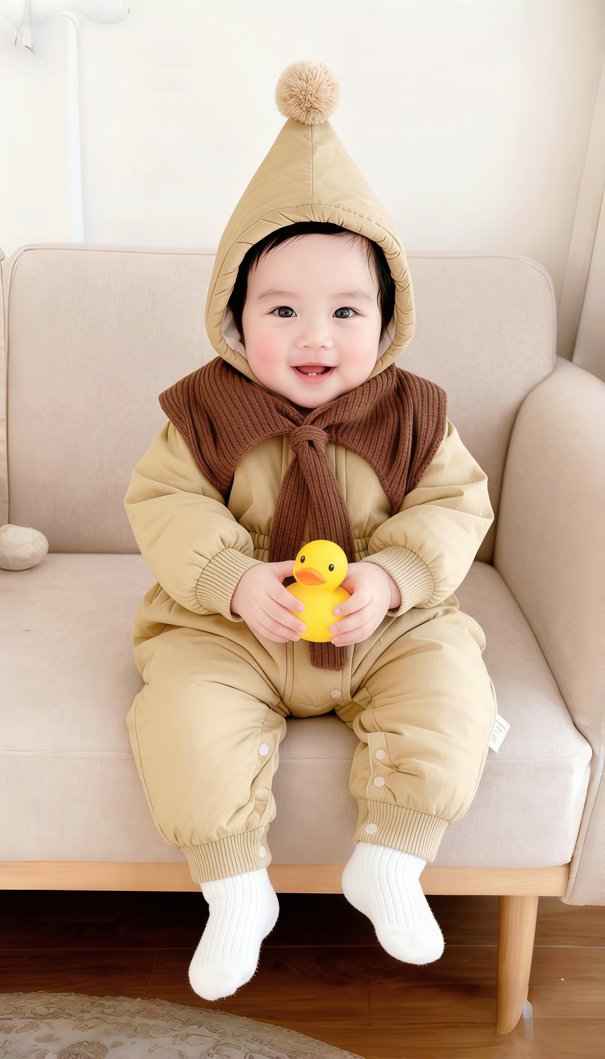 救命!这个宝宝也太可爱了吧🥹 卡其色连体棉服软乎乎的,搭配棕色小围巾,像个小面包一样温暖又治愈~ 手里抱着小黄鸭玩具,坐在沙发上笑盈盈的样子,心都要被萌化了!这套穿搭保暖又出片,秋冬带娃出门穿太合适啦✨ #宝宝穿搭 #婴儿冬装 #萌娃日常