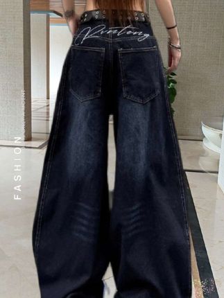 美式复古刺绣弯刀阔腿牛仔裤#高腰直筒牛仔裤女 #时尚洋气#洋气百搭