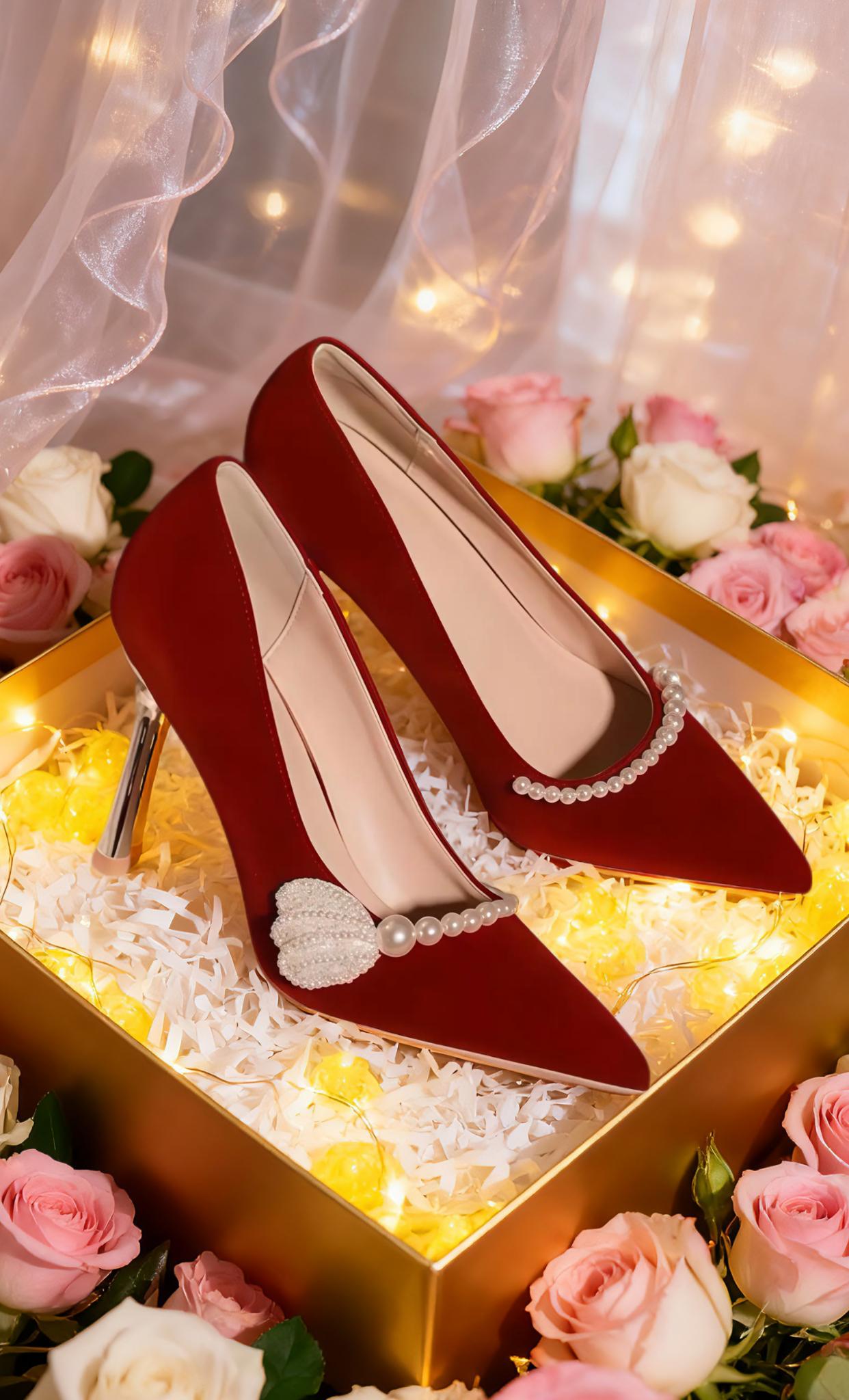 chic珍珠红色婚鞋!小众气质绒面新娘秀。### 👠绝美珍珠红婚鞋!旗袍新娘必备✨ 姐妹们👋!挖到一双神仙婚鞋啦~💃🏻绒面质感超高级,珍珠点缀像踩着星河🌟!小众设计完全不撞款,穿去订婚宴/晚宴直接C位出道👰🏻♀️!搭配秀禾服或改良旗袍都绝配,显白又提气质💖~ 🌹亮点速览: ✅丝绒触感☁️软糯不磨脚 ✅手工串珠💎精致到发光 ✅6cm粗跟🏃♀️稳如平地走路带风 ✅内置乳胶垫☁️暴走全天无压力 试穿瞬间被惊艳🤩!走路自带BGM那种气场💪🏻~闺蜜追着要链接🤣~你们结婚会选多高的跟?💬快来评论区唠唠呀~ #婚礼战靴 #国潮新娘 #小众婚鞋 #旗袍美学 #备婚攻略