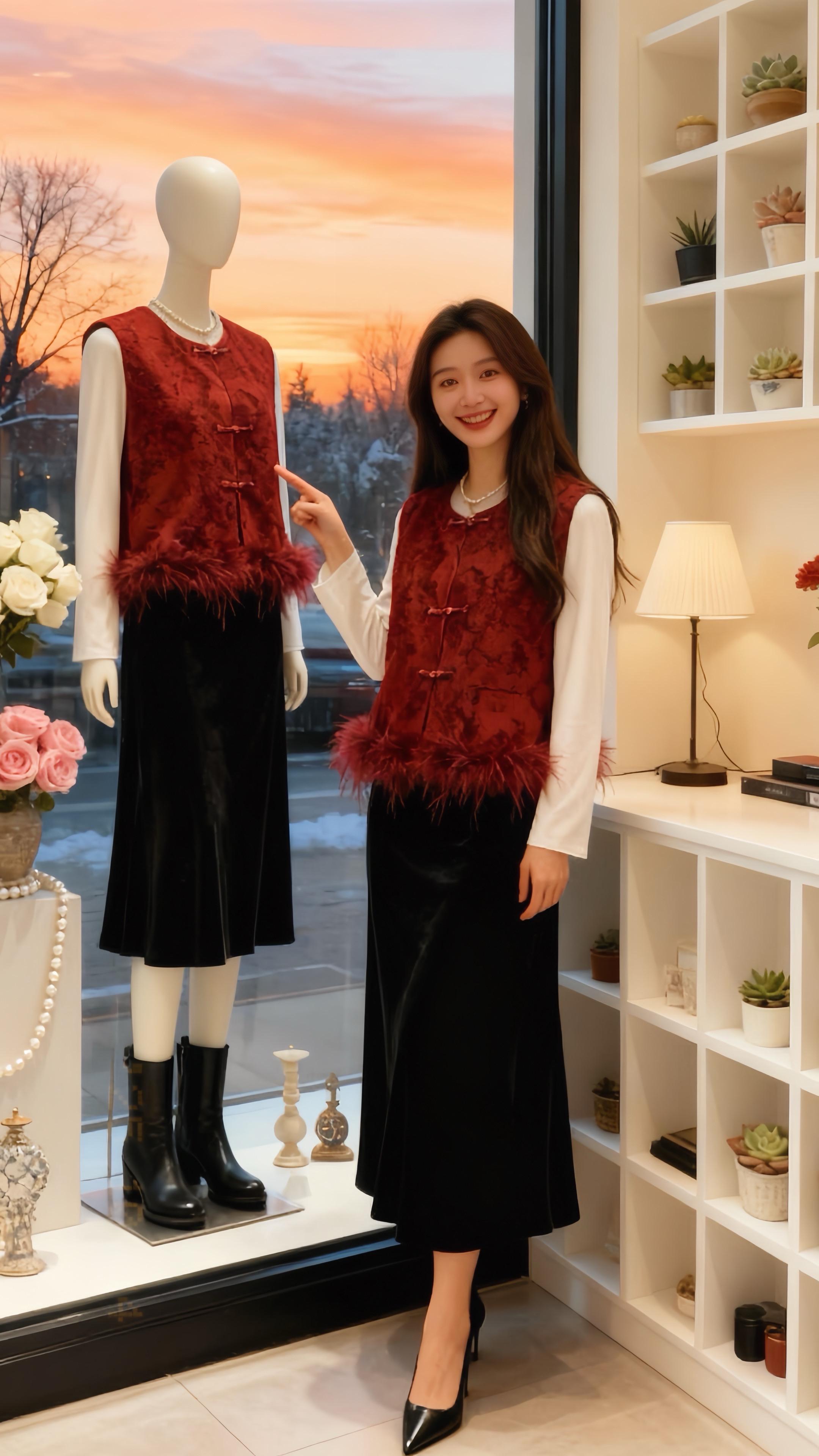 2025秋冬新中式鸵鸟毛拼接马甲女。2025秋冬新中式马甲,提花面料自带国风肌理感,高级又显质感。下摆鸵鸟毛拼接灵动飘逸,走动间自带仙气。无袖版型不挑身材,内搭针织衫保暖又显层次,单穿配半裙更显雅致。日常出街或中式场合穿都合适,轻松穿出东方韵味与时尚感。#冬日暖系流光要温度有风度 #跟着王玉雯解锁秋冬暖白穿搭 #早秋姐感气质穿搭 #暖fufu的冬日ootd #解锁微胖梨形的本命穿搭