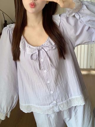 #上衣穿搭 小个子纯棉长袖女士春秋季甜美可爱2024新款宽松长裤家居服两件套#两件套女装 #长袖t恤
