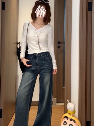 高腰阔腿牛仔裤女2025年秋季新款显瘦弹力垂感小个子拖地阔腿裤子#显瘦#百搭#修身#宽松#气质