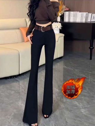 9805加绒高腰通勤西装休闲裤喇叭裤新款秋冬加厚女裤
