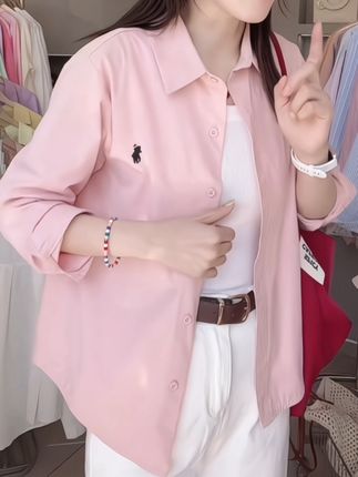 小个子衬衫纯棉成衣水洗刺绣长袖设简约宽松#小清新穿搭 #百搭上衣 #衬衫的多种穿法 #衬衣穿搭 #简约穿搭
