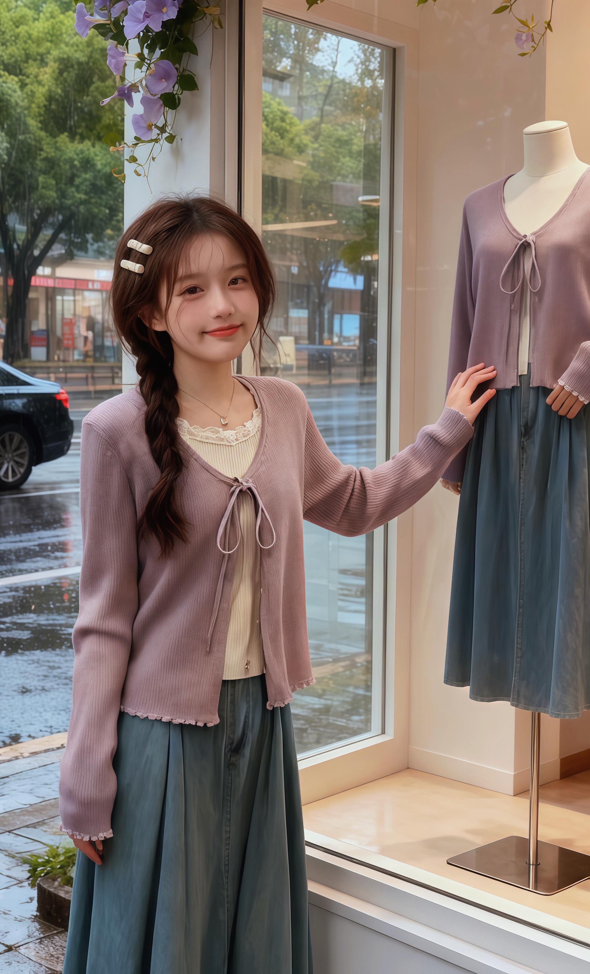 💖深秋雨天的女装店漫游~ 棕色麻花辫配珍珠发夹,把温柔焊在头上!这套衣服,在橱窗边和模特款一对比,文艺感直接拉满✨ 窗外雨打湿街道,黑轿车、绿树商铺朦胧成画,店内杂志和牵牛花点缀得刚刚好~谁懂啊,这种清新甜美的深秋穿搭,一整个戳中少女心! #高级感穿搭 #出游穿搭 #小个子穿搭 #谁穿谁好看 #温柔穿搭